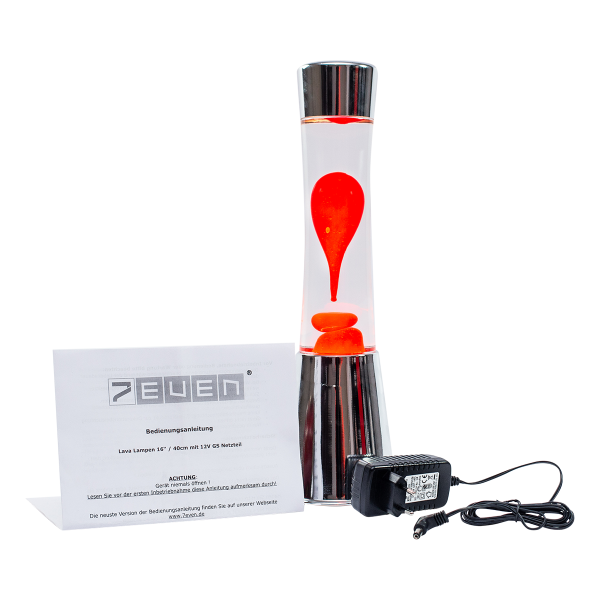 Lavalampe Rot Abbildung mit Netzteil und Bedienungsanleitung