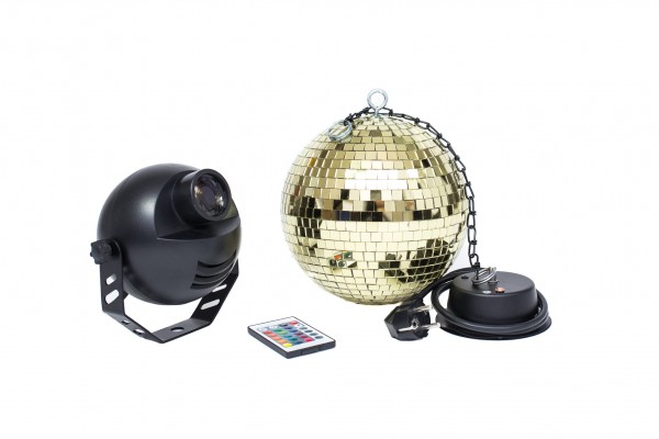 Mirror ball set 20cm GOLD with motor and LED spot remote controllable