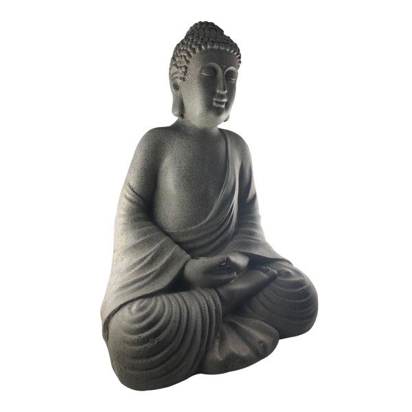 Duża figura Buddy 43 x 30 x 24 cm - wytrzymała i odporna na warunki atmosferyczne w oryginalnym kamiennym wyglądzie.