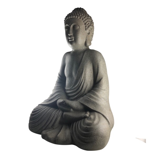 Duża figura Buddy 43 x 30 x 24 cm - wytrzymała i odporna na warunki atmosferyczne w oryginalnym kamiennym wyglądzie.