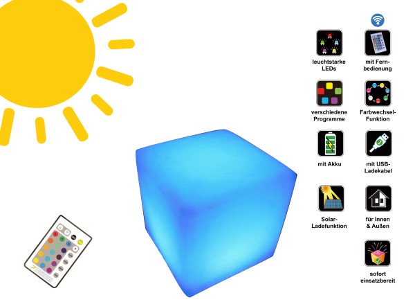 LED Solar Cube 40cm / Solar illuminated cube with optional USB charge, incl. remote control